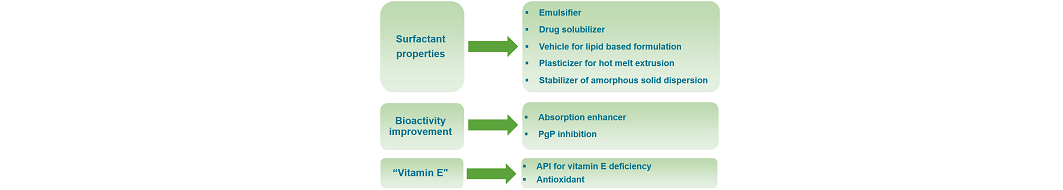 Emulsifier Drug solubilizer Plasticizer for hot melt extrusion Stabilizer of amorphous solid dispersion Absorption enhancer PgP inhibition API for vitamin E deficiency  Antioxidant